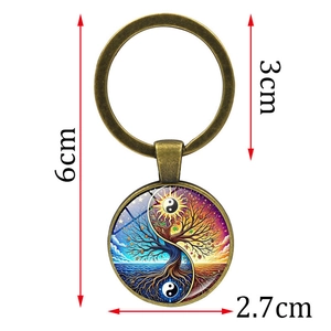 Antique bronze Tree of Life Yin Yang keychain with glass dome and 2.7cm pendant