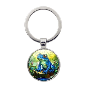 Artistic Frog Glass Cabochon Keychain Round Metal Key Ring For Women Men Bag Pendant Accessory Zinc Alloy Time Gem Key Holder