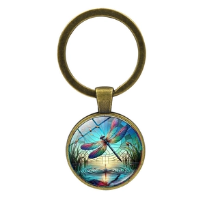 Artistic dragonfly pond ripples keychain with vintage bronze finish for car bag accessory