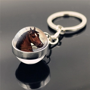 Horse Pattern Glass Time Gem Keychain Zinc Alloy Animal Double Sided Ball Pendant Silver Metal Keyring For Men Women Gift