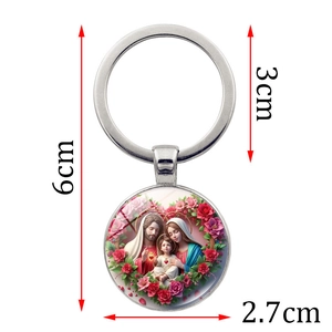 Porte-clés religieux en métal avec image Sainte Famille et bordure florale décorative