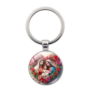 Porte-clés Portrait Religieux Sainte Famille Alliage Zinc Verre Rose Pendentif Fleur Bronze Antique Argent Bijou de Sac Vintage