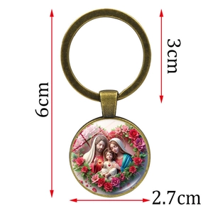 Porte-clés religieux Sainte Famille avec motif cœur floral en bronze vintage