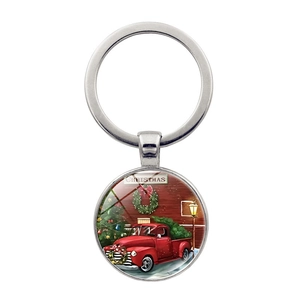 Porte-clés de Noël avec camion rouge et pendentif rond en verre sur anneau argenté