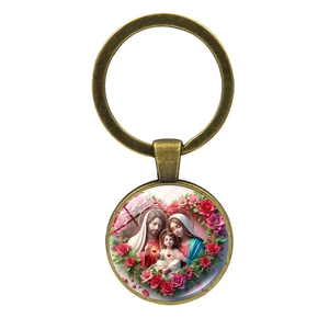 Porte-clés religieux avec image Sainte Famille et bordure florale en bronze vieilli