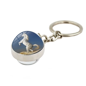 Silver unicorn horse glass dome keychain with double-sided crystal pendant charm