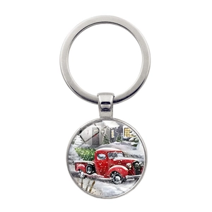 Porte-clés en Alliage de Camion Rouge de Noël Rétro Pendentif en Verre Neige d'Hiver Sapin de Noël Ornement de Sac Cadeau Festif