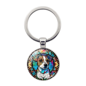 Porte-clés Jack Russell Terrier en Vitrail Pendentif en Alliage de Zinc Art Chien Anneau de Clé pour Décor de Sac de Voiture
