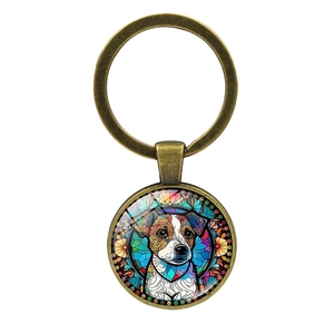 Porte-clés pendentif Jack Russell Terrier mosaïque colorée avec anneau en métal bronze