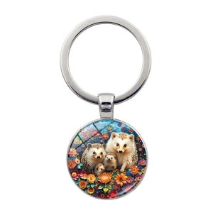 Cartoon Hedgehog Family Time Gem Keychain Metal Round Glass Alloy Key Ring Pendant For Women Kids Bag Decor Gift
