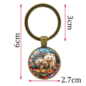 Hedgehog family metal keychain with colorful glass pendant and dimension measurement
