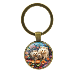 Vintage bronze keychain with round glass hedgehog family illustration for car keys and bags
