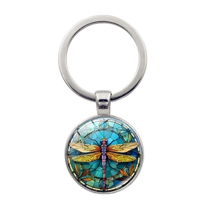 Vintage Artistic Stained Glass Dragonfly Keychain Alloy Zinc Round Glass Pendant Bag Charm Gift Accessories For Women Men