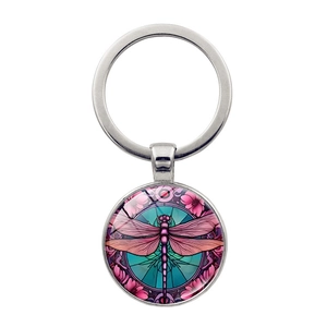 Artistic silver dragonfly keychain with colorful mosaic floral pattern pendant for bags