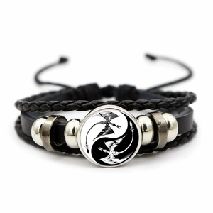 Yin Yang Dragon Pattern Multilayer Woven Leather Bracelet Retro Alloy Glass Tai Chi Charms Adjustable Wrap Jewelry Gift