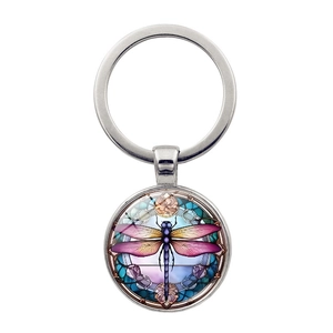 Vintage dragonfly pattern metal keychain with colorful stained glass style pendant accessory