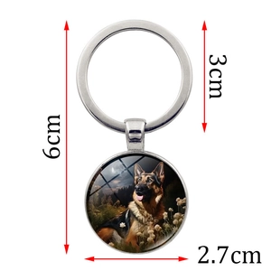 Vintage German Shepherd metal keychain with artistic floral dog portrait on white background