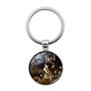 Vintage German Shepherd Dog Keychain Metal Alloy Glass Time Gem Art Pendant Key Ring Bag Ornament For Dog Lovers Jewelry