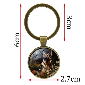 Vintage German Shepherd keychain with bronze finish and glass pendant diameter dimensions