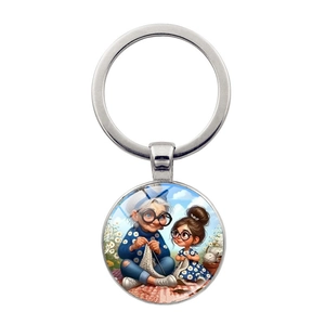 Cartoon Oma Und Enkelin Stricken Zeit Edelstein Metall Schlüsselanhänger Zinklegierung Glas Cabochon Anhänger Schlüsselring Tasche Charme Geschenk
