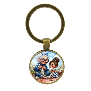 Vintage Bronze Schlüsselanhänger mit Oma und Enkelin Strickmotiv Glashänger Geschenk