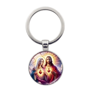 Portachiavi in Metallo Vintage Sacro Cuore di Gesù Maria Portachiavi Religioso con Cabochon in Vetro Gemma del Tempo Ciondolo per Auto Borsa Regalo Cristiano