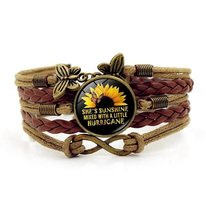 Bohemian sunflower butterfly layered leather bracelet with infinity charm and quote
