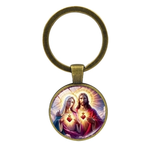 Portachiavi Sacro Cuore in bronzo vintage con ritratti di Gesù e Maria su bianco