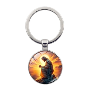 Porte-clés Religieux Jésus en Prière Alliage de Zinc Pendentif Rond en Verre Cabochon Bronze Antique Argent Cadeau Fête