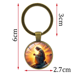 Porte-clés religieux Jésus avec pendentif circulaire en verre et finition bronze antique