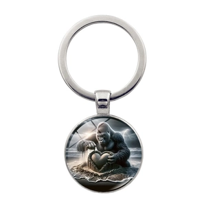 Artistic Gorilla Heart Beach Keychain Zinc Alloy Glass Cabochon Pendant Car Bag Hanging Ornament For Men Women Gift