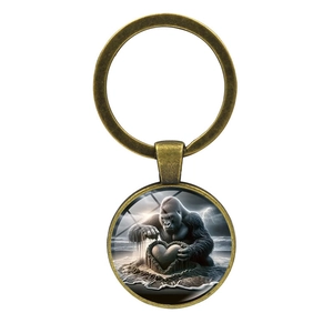Vintage bronze gorilla beach heart art keychain with glass pendant for bags