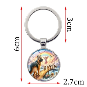 Vintage rainbow bridge dog keychain with dimensions shown on white background
