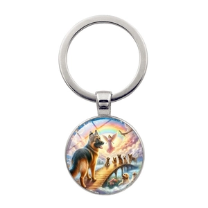 Vintage Metal Angel German Shepherd Dog Memorial Keychain Rainbow Bridge Design Glass Cabochon Alloy Bag Pendant Gift