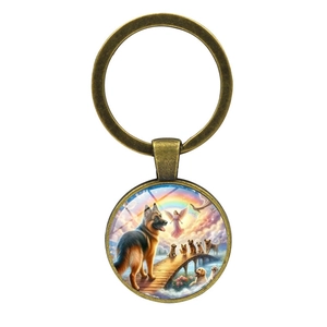 Vintage bronze dog memorial keychain featuring German Shepherd and rainbow bridge art