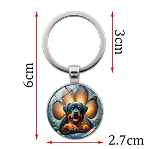 Porte-clés Rottweiler en acier inoxydable argenté avec pendentif en verre rond de 2,7 cm
