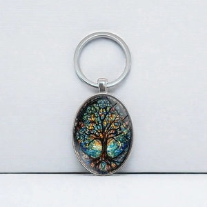 Porte-clés ovale Arbre de Vie avec motifs mosaïques colorés et anneau en métal poli brillant