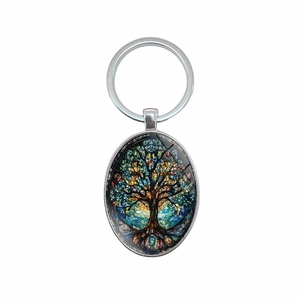 Porte-clés ovale en métal argenté avec motif coloré de l'Arbre de Vie en verre
