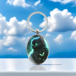 Cute Black Cat Green Eyes Pattern Oval Pendant Keychain Metal Keyring Gift For Women Bag Hanging Ornament Fashion Jewelry