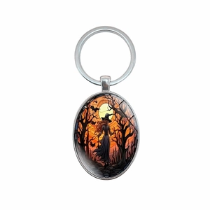 Halloween witch and bat oval pendant keychain with vintage metal ring and moon art