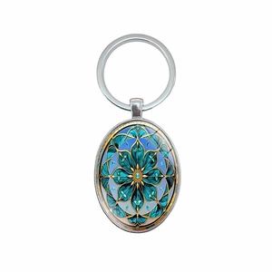 Porte-clés de style bohème avec pendentif ovale et motif floral de mandala bleu