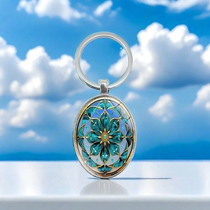Porte-Clés Cabochon en Verre Mandala Bohème Pendentif Ovale en Alliage de Zinc Vintage pour Hommes Femmes Art Floral Kaléidoscope Cadeau