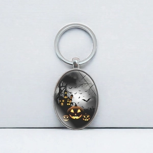 Halloween pumpkin castle oval metal keychain with silver ring for bags and gifts