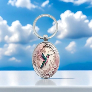 Fashion Hummingbird Floral Pattern Oval Pendant Keychain Zinc Alloy Glass Art Metal Key Ring Bag Charm Accessory Women Men Gift