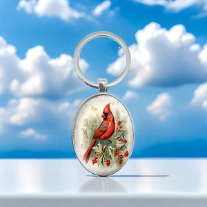 Vintage Red Cardinal Bird Oval Pendant Keychain Silver Zinc Alloy Metal Key Ring Christmas Winter Holly Berries Bag Charm Gift