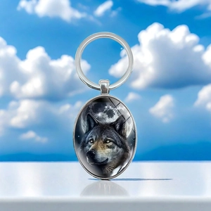 Portachiavi in Metallo con Ciondolo Ovale Motivo Lupo Lunare Lega di Zinco Cabochon in Vetro Cielo Notturno Animale Opera d'Arte Anello Chiave Regalo Per Uomo Donna