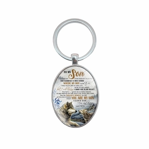 Porte-clés ovale en métal avec motif loup et message émouvant de maman pour son fils
