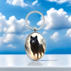 Porte-clés en Alliage de Zinc Ovale Argent Avec Motif de Loup Noir Artistique Pendentif Animal en Verre pour Hommes Femmes