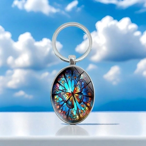 Schmetterling Buntglas Zeitstein Schlüsselanhänger Ovaler Zinklegierung Anhänger Kreative Mode Metall Zubehör Schmuck Geschenk