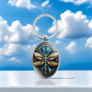 Portachiavi in Lega Ovale a Forma di Libellula in Stile Vetrata Vintage Con Anello in Metallo Argento Blu Oro Motivo Animale